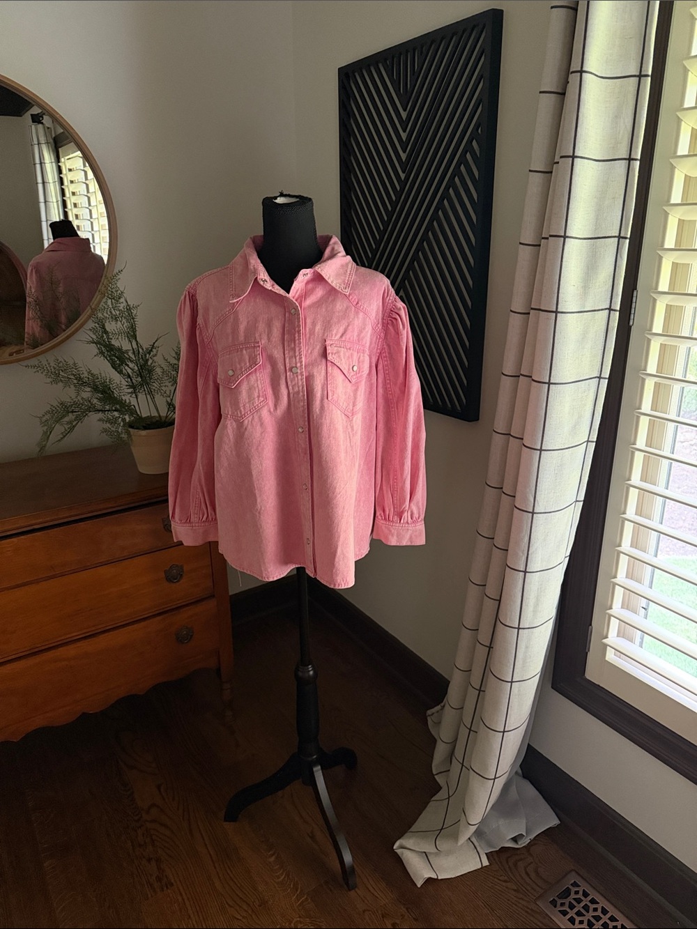 Entro pink canvas 3/4 puff sleeve shirt large